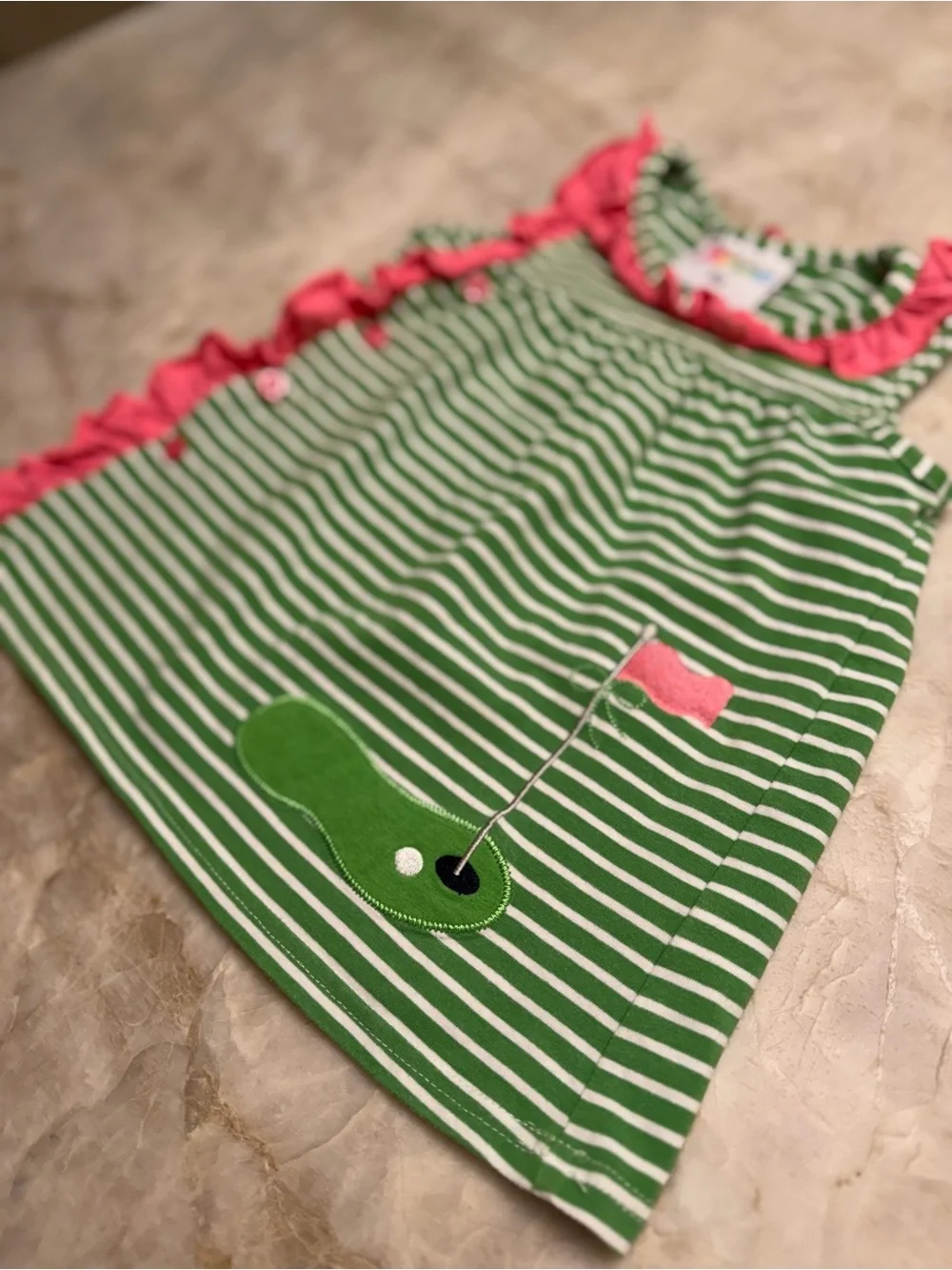 Jelly Bean Green & White Striped Ruffle dress with Pink Trim & golf appliqué